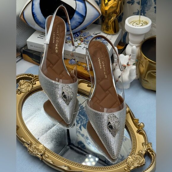 🆕 KURT GEIGER LONDON 🧿 NWOB Belgravia Vinyl 65 Slingback Heels, Silver, Sz 7.5 - Picture 4 of 14